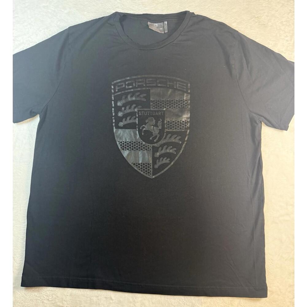 Porsche Shirt Mens Large Black Stuttgart Crest Graphic Tee Made Portugal Gloss